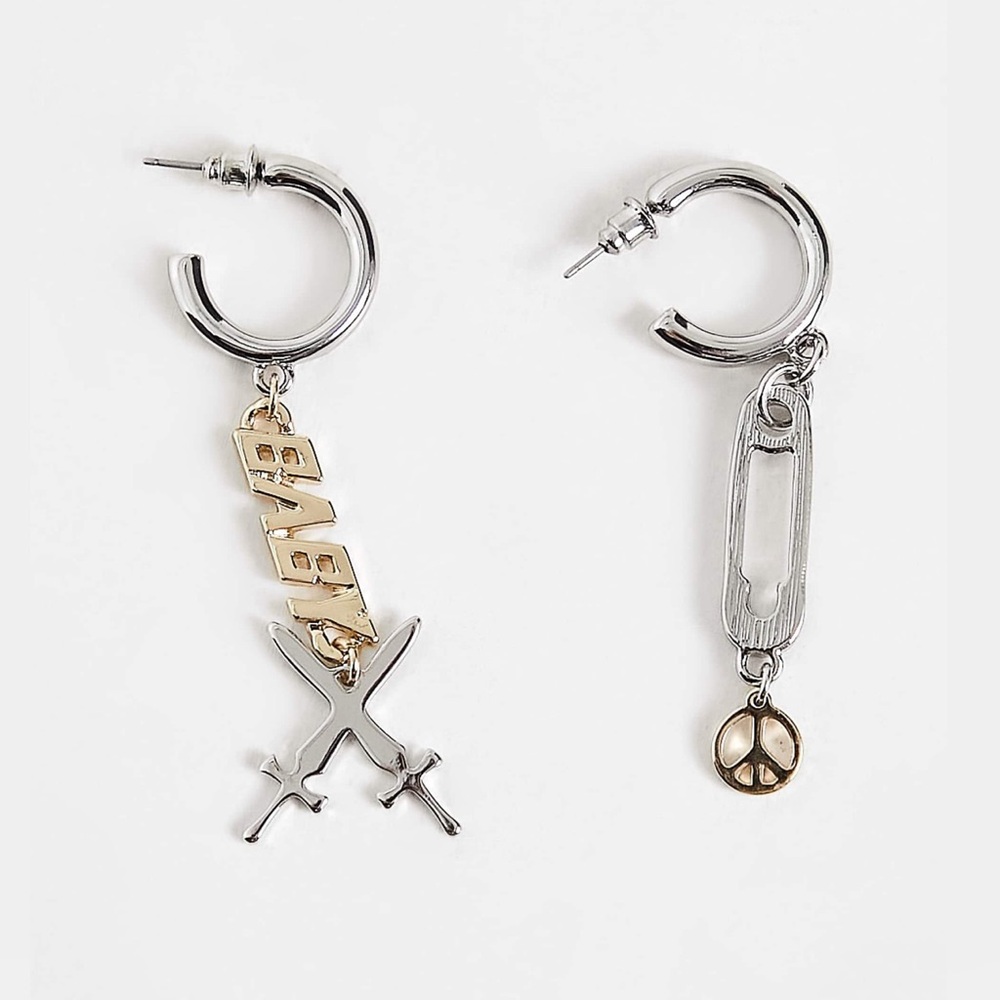Topshop baby pin mixed charm drop hoop earrings in mixed metal